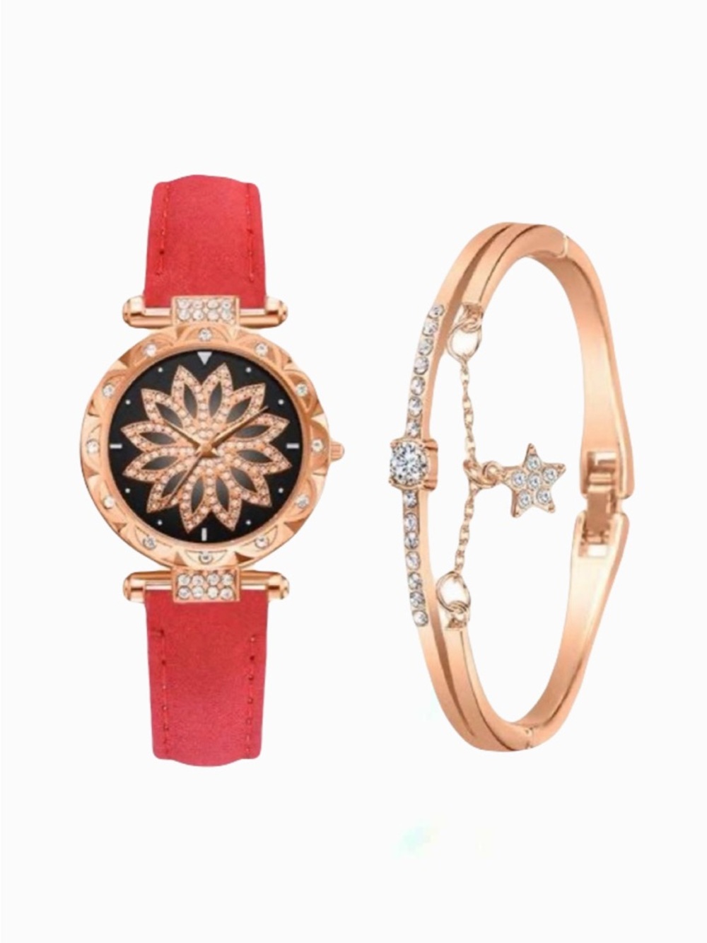 New Red Starry Sky Luxury Leather Strap Rose Gold Sapphire Bracelet Watch Set